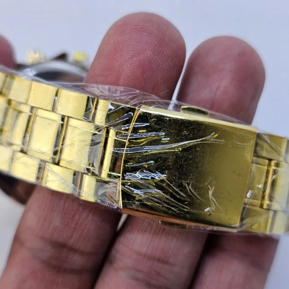 Men's Watch Bracelet Set 43MM Black Dial Date Gold‎ Bracelet Band 8